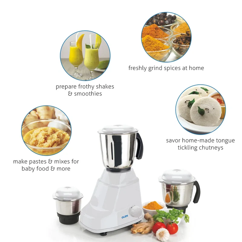 Glen Mixer Grinder 500W With 3 Stainless Steel Blender, Grinder, Chutney Jars Stainless Steel Blades - White, Black, Red (4020) - Image