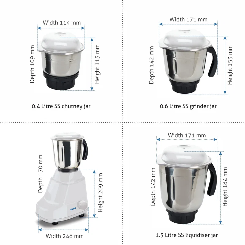 Glen Mixer Grinder 500W With 3 Stainless Steel Blender, Grinder, Chutney Jars Stainless Steel Blades - White, Black, Red (4020) - Image