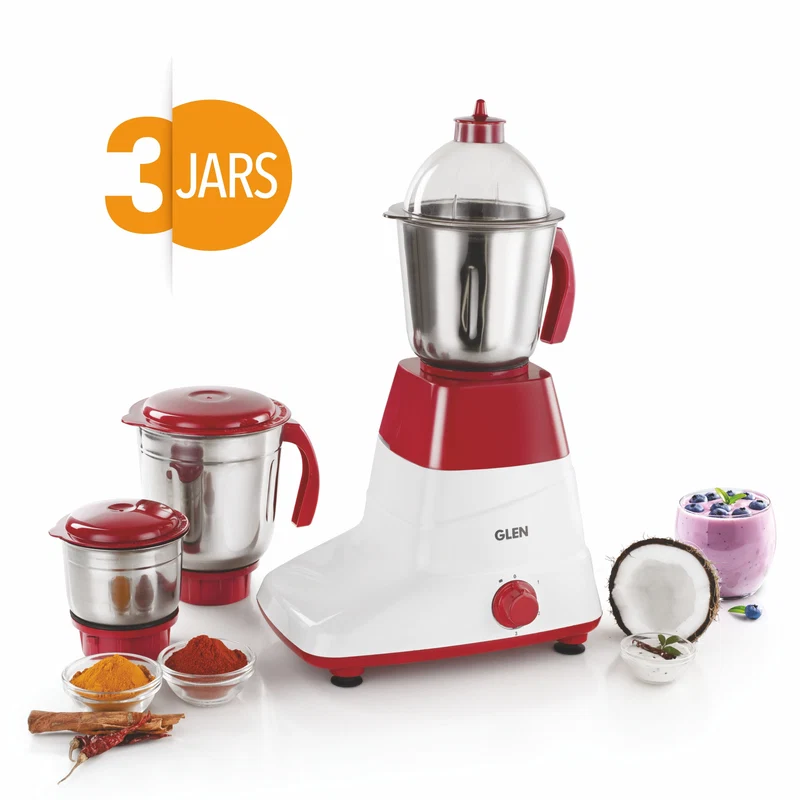 Glen Mixer Grinder 500W with 3 Stainless Steel Liquidiser, Grinder and Chutney Jars - Red (4025LX) - Image