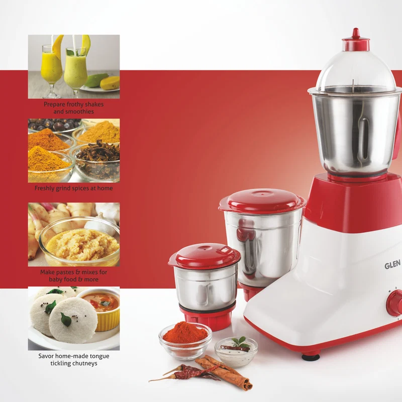 Glen Mixer Grinder 500W with 3 Stainless Steel Liquidiser, Grinder and Chutney Jars - Red (4025LX) - Image
