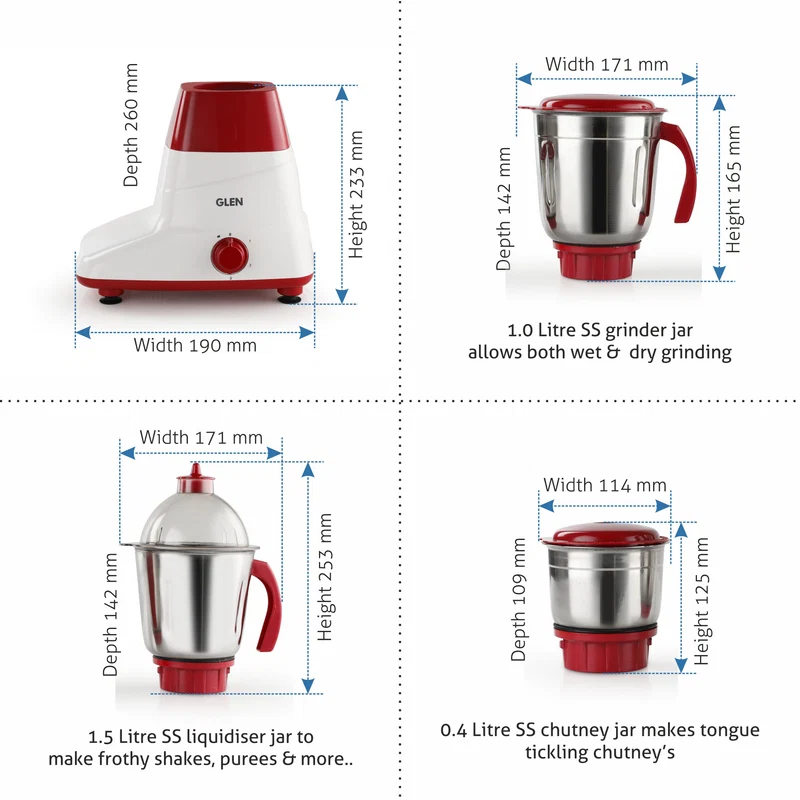 Glen Mixer Grinder 500W with 3 Stainless Steel Liquidiser, Grinder and Chutney Jars - Red (4025LX) - Image