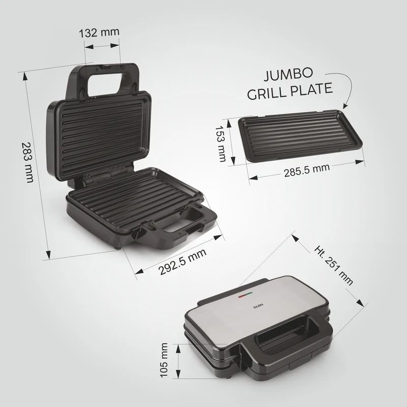 Glen Electric Jumbo Sandwich Maker Grill with Non-Stick Coating Plates, 1000W - (SA3025JGRILL) - Image
