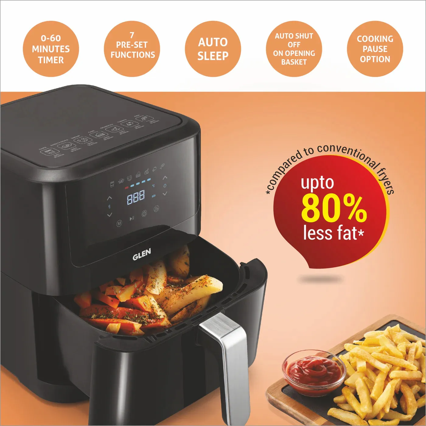 Glen Air Fryer, 6.0 Litre Digital Controls, 7 Pre Set Menu Timer, Temperature Control, 1500W -Black, 1 Year Warranty (SA-3042DBL) - Image