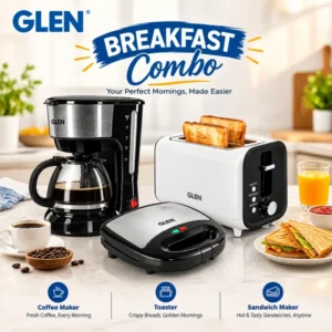 Glen Breakfast Combo – Coffee Maker, 2 Slice Auto Pop-up Toaster & Sandwich Maker | 3-in-1 Breakfast Appliance Combo