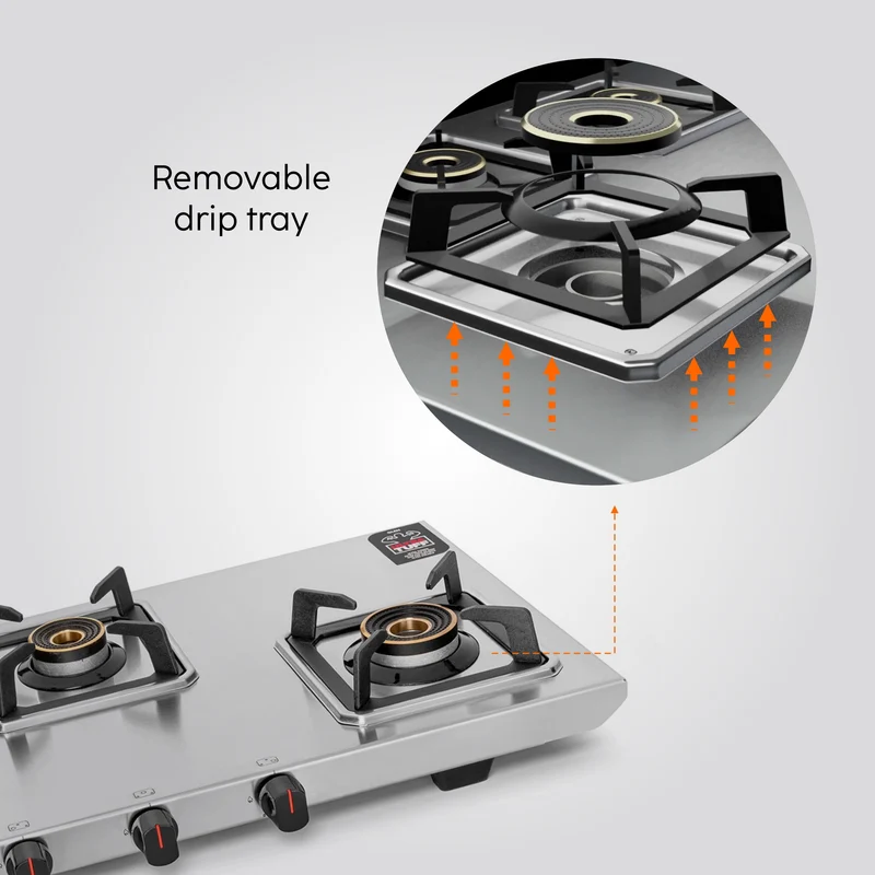 Glen 3 Burner Ultra Tuff Stainless Steel Gas Stove with Multi Ring Forged Brass Burner & Drip trays (CT1053UTDTSS) - Image