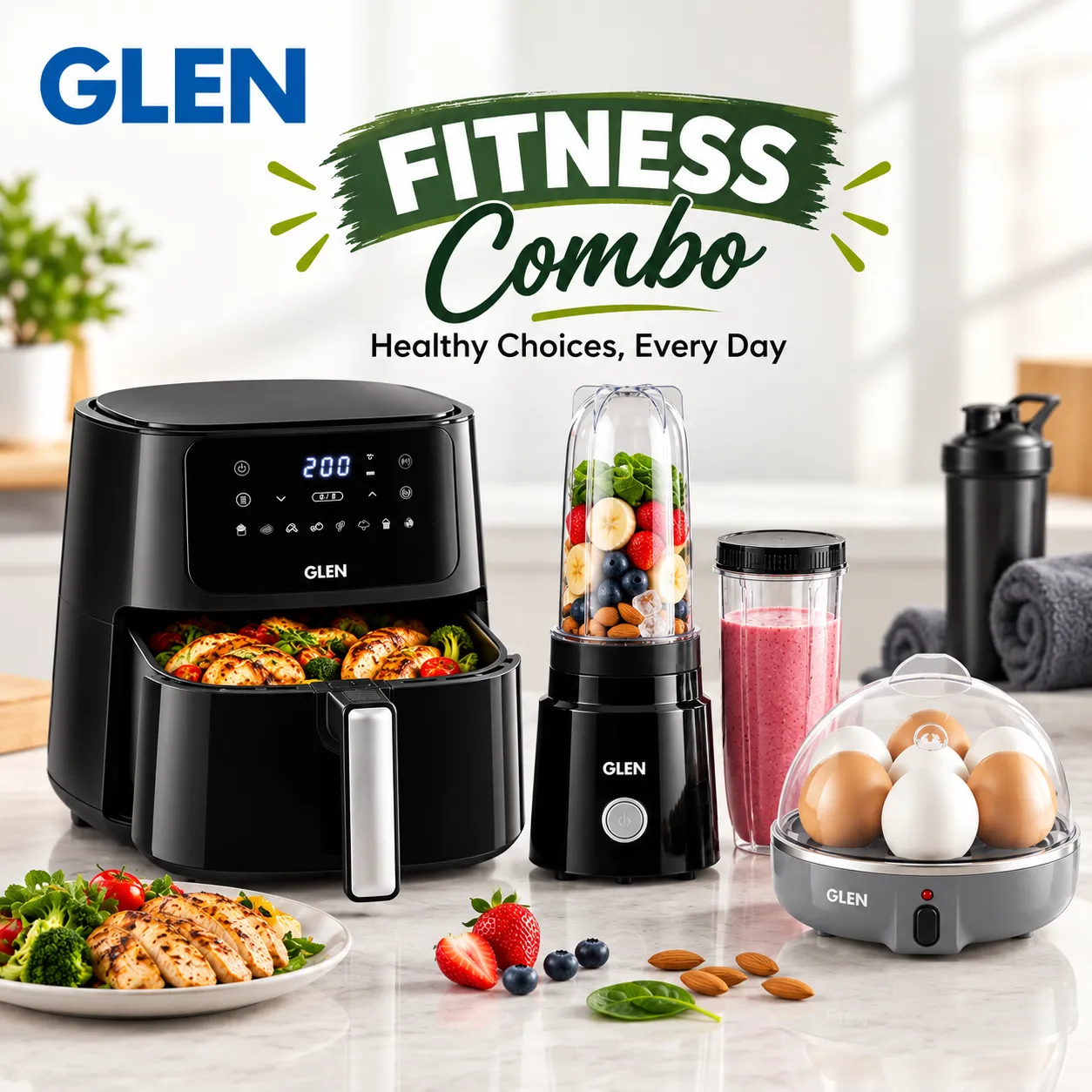 Glen Fitness Combo – 4.2L Digital Air Fryer, Blender & 7 Egg Boiler | 3-in-1 Healthy Cooking Appliance Combo