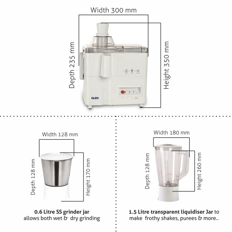 Glen 3-in-1 Juicer Mixer Grinder 500W with 1 Transparent Liquidiser, 1 Stainless Steel Grinder Jars - White (4010) - Image