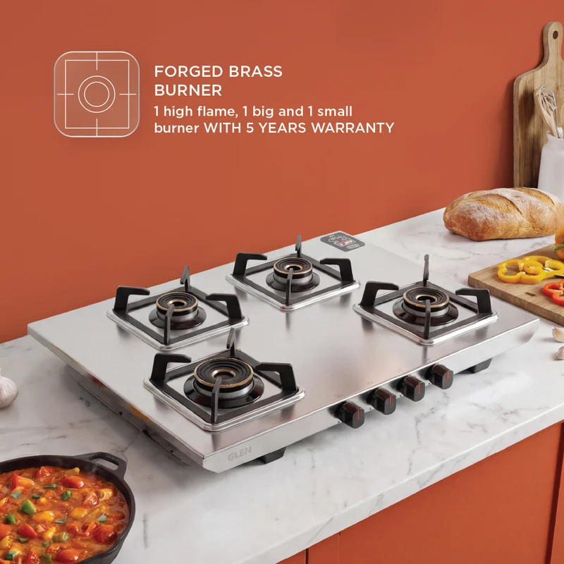 Glen 4 Burner Ultra Tuff Stainless Steel Gas Stove with Multi Ring Forged Brass Burner & Drip trays (CT1054UTDTSS) - Image