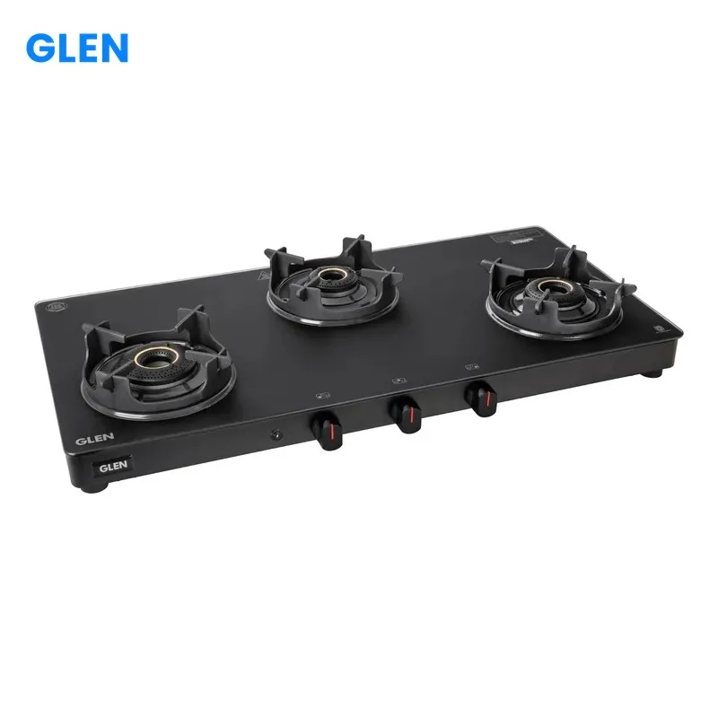 Glen 3 Burner Matt Finish Glass Gas Stove with High Flame Brass Burner, Crown Pan Supports – Manual/Auto Ignition (CT1038SLCPBLMG)