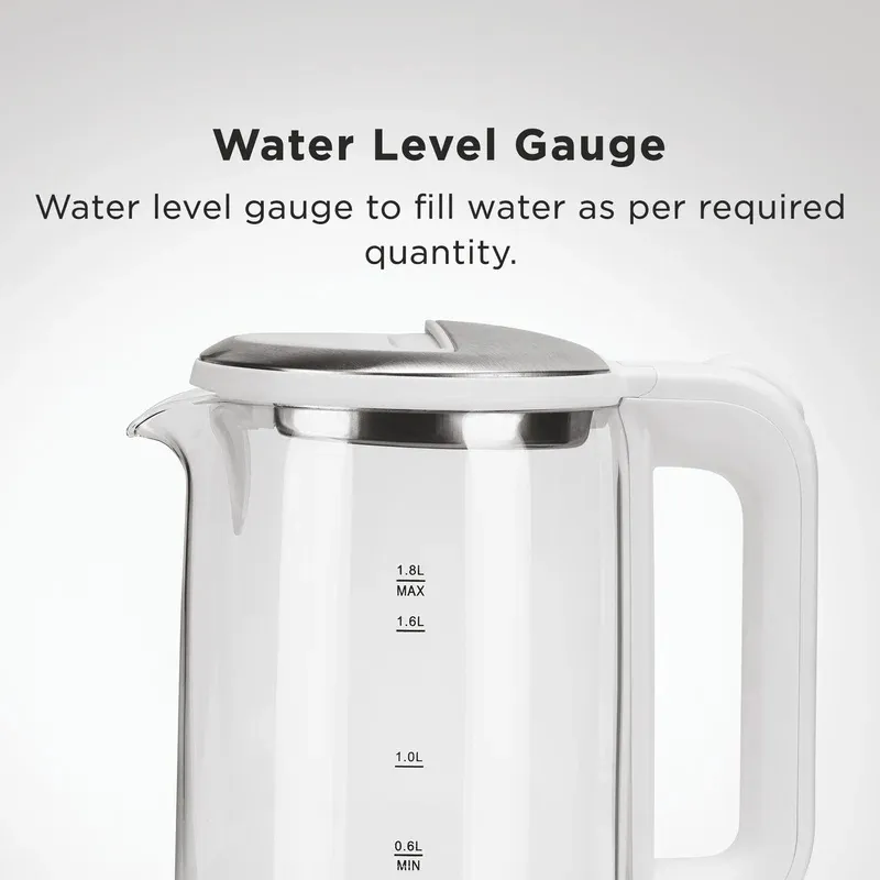 Glen Electric Glass Tea Kettle 1.8 Litre with 360° Rotational Base, Auto Shut-off, 1500W - White (SA-9001) - Image
