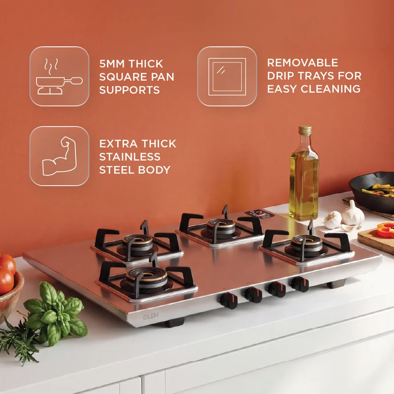 Glen 4 Burner Ultra Tuff Stainless Steel Gas Stove with Multi Ring Forged Brass Burner & Drip trays (CT1054UTDTSS) - Image