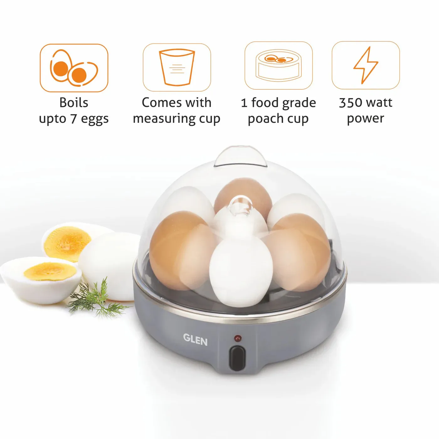 Glen Egg Boiler Boils 7 Eggs, 1 Poaching Cup, Auto shut Off, 350W , 1 year warranty (3040EB7) - Image
