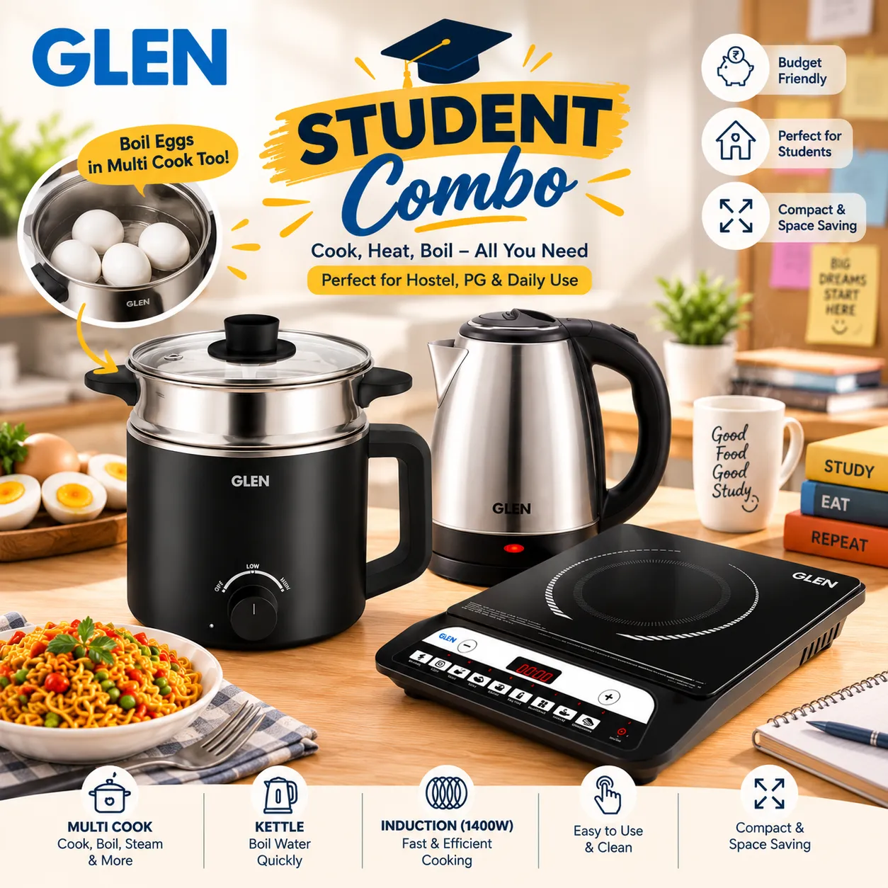 Glen Student Combo – Multi Cooker, Electric Kettle & 1400W Induction Cooktop | 3-in-1 Affordable Kitchen Appliance Combo