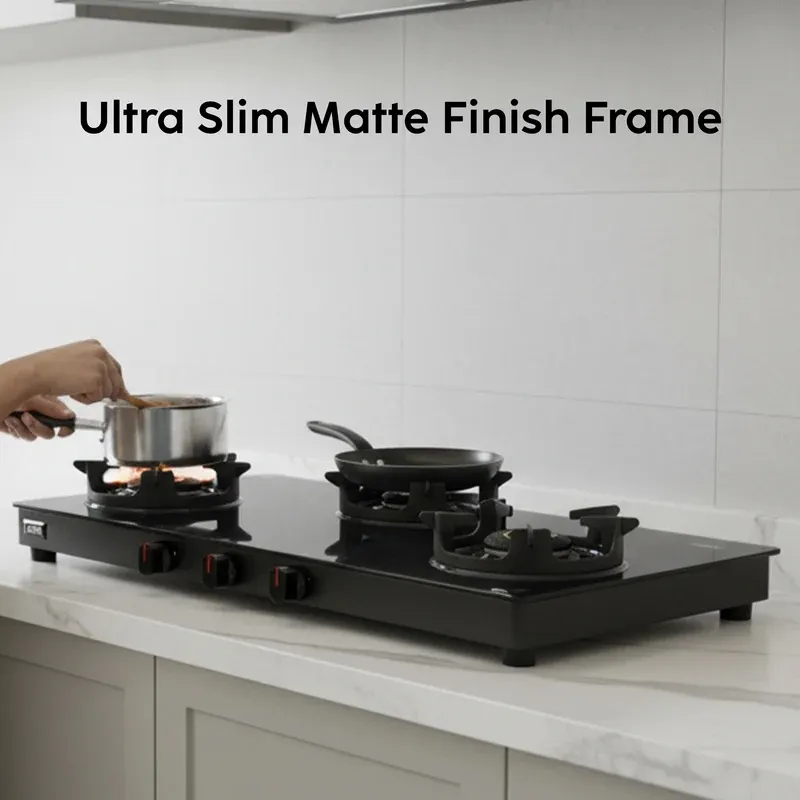 Glen 3 Burner Matt Finish Glass Gas Stove with High Flame Brass Burner, Crown Pan Supports - Manual/Auto Ignition (CT1038SLCPBLMG) - Image