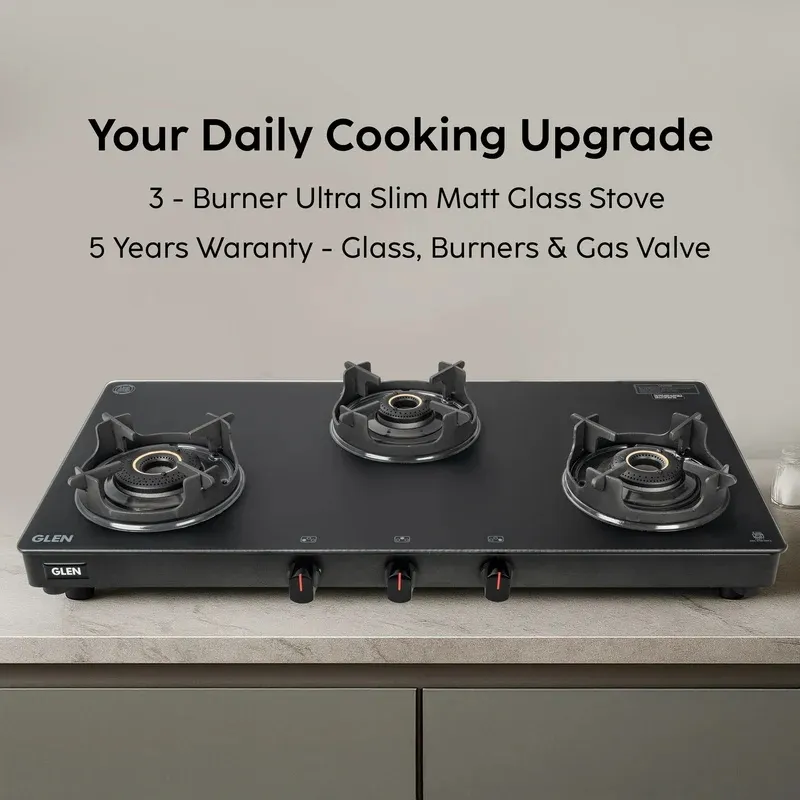 Glen 3 Burner Matt Finish Glass Gas Stove with High Flame Brass Burner, Crown Pan Supports - Manual/Auto Ignition (CT1038SLCPBLMG) - Image