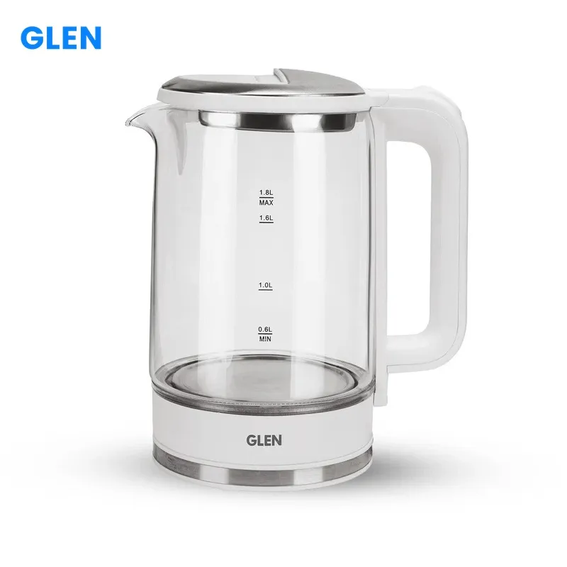 Glen Electric Glass Tea Kettle 1.8 Litre with 360° Rotational Base, Auto Shut-off, 1500W – White (SA-9001)