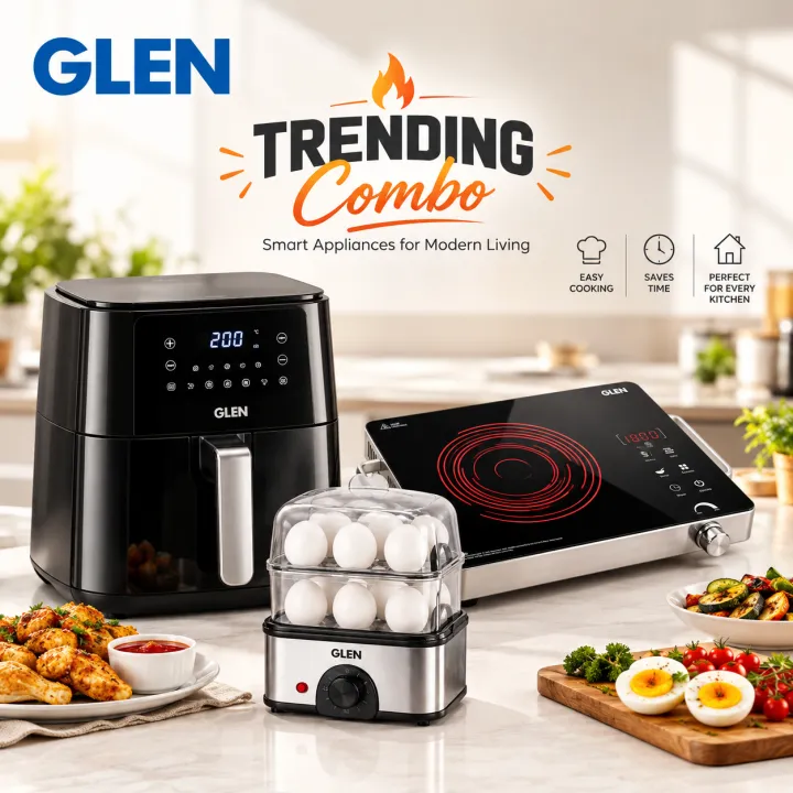Glen Trending Combo – 6L Digital Air Fryer, 2200W Infrared Cooktop & 16 Egg Boiler Plus | 3-in-1 Smart Kitchen Appliance Combo