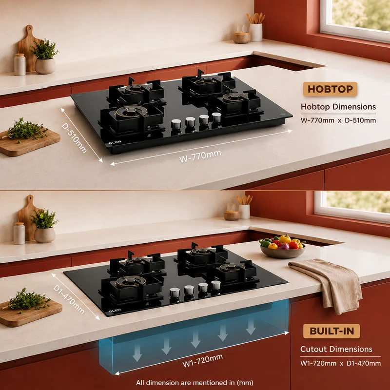 Glen 4 Burner DFVS Glass Hob Forged Brass Burners (BH1074DFHT2TR77) - Image