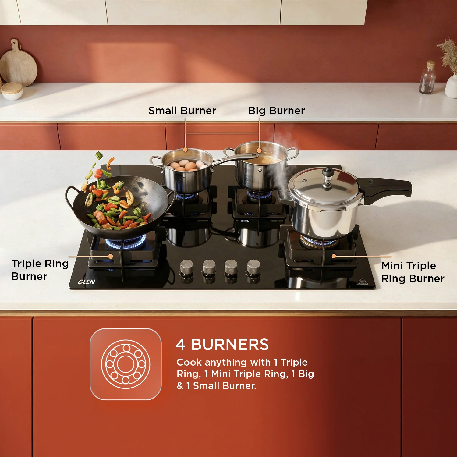 Glen 4 Burner DFVS Glass Hob Forged Brass Burners (BH1074DFHT2TR77) - Image