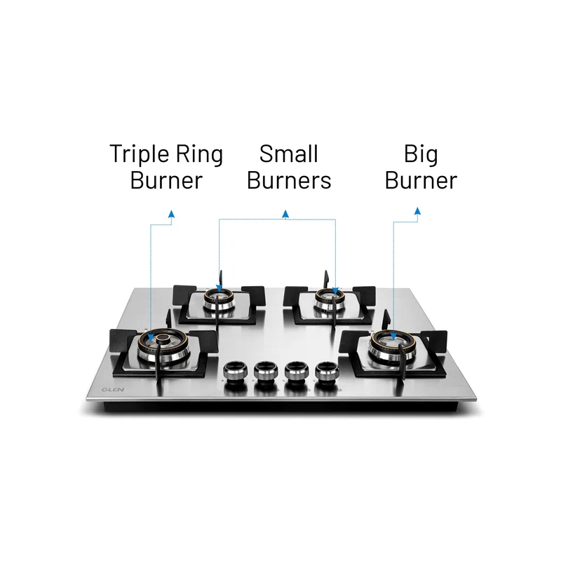 Glen 4 Burner Stainless Steel Hob Top Forged Brass Burners (BH1074SQHTSSDBMT70) - Image