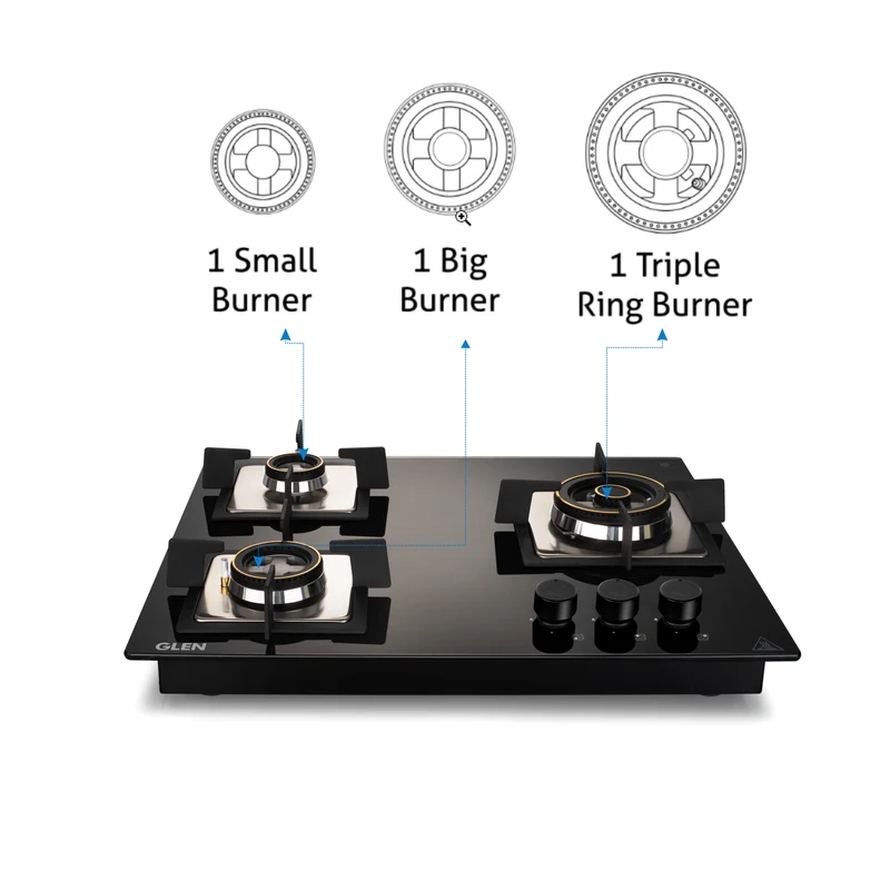 Glen 3 Burner Glass Hob Top Forged Brass Burners (1063 SQ HT DB TR) - Image