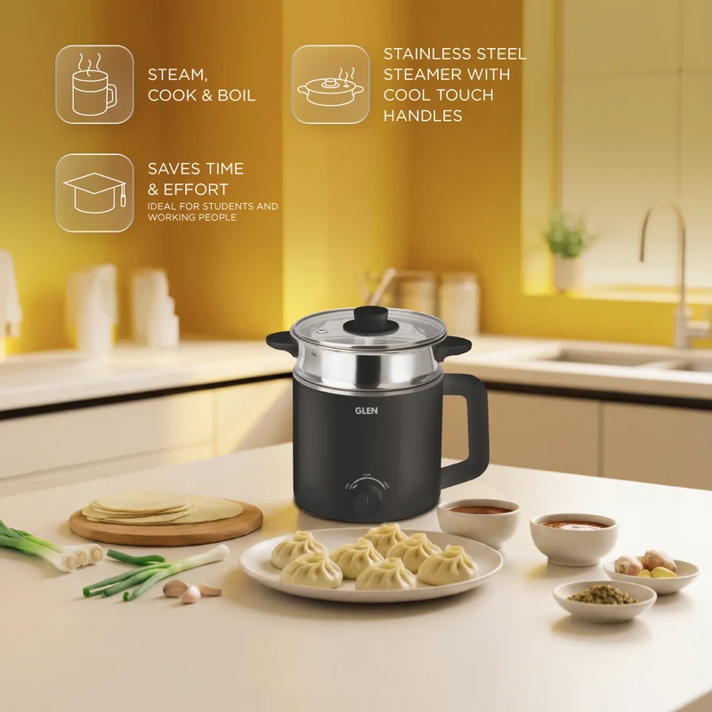 Glen Multi Cook Electric Kettle, 1.5 Litre Steam, Cook & Boil 600W Black (9016) - Image