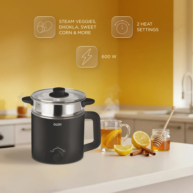 Glen Multi Cook Electric Kettle, 1.5 Litre Steam, Cook & Boil 600W Black (9016) - Image