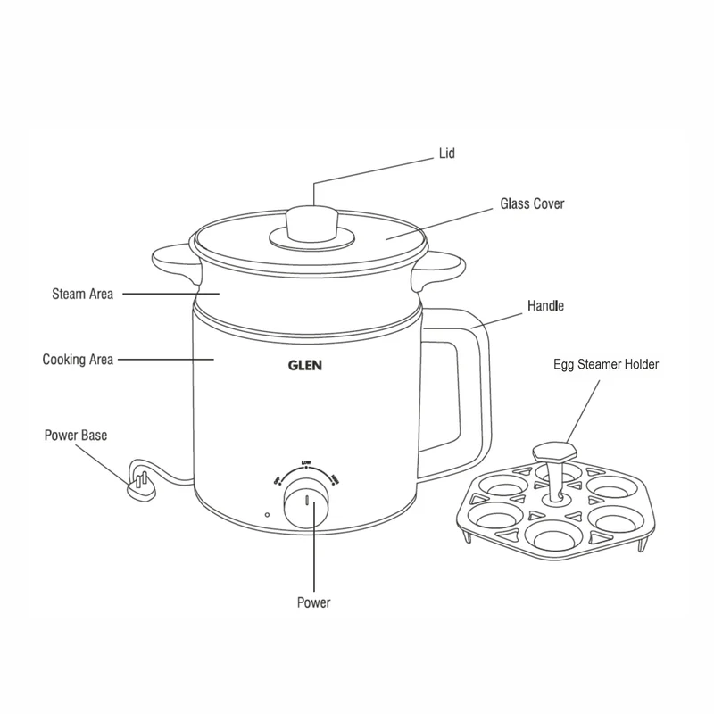 Glen Multi Cook Electric Kettle, 1.5 Litre Steam, Cook & Boil 600W Black (9016) - Image