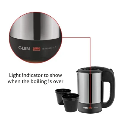 Glen Electric Travel Kettle 0.5 Litre Stainless Steel 2 Plastic cups1000 W (9013) - Image