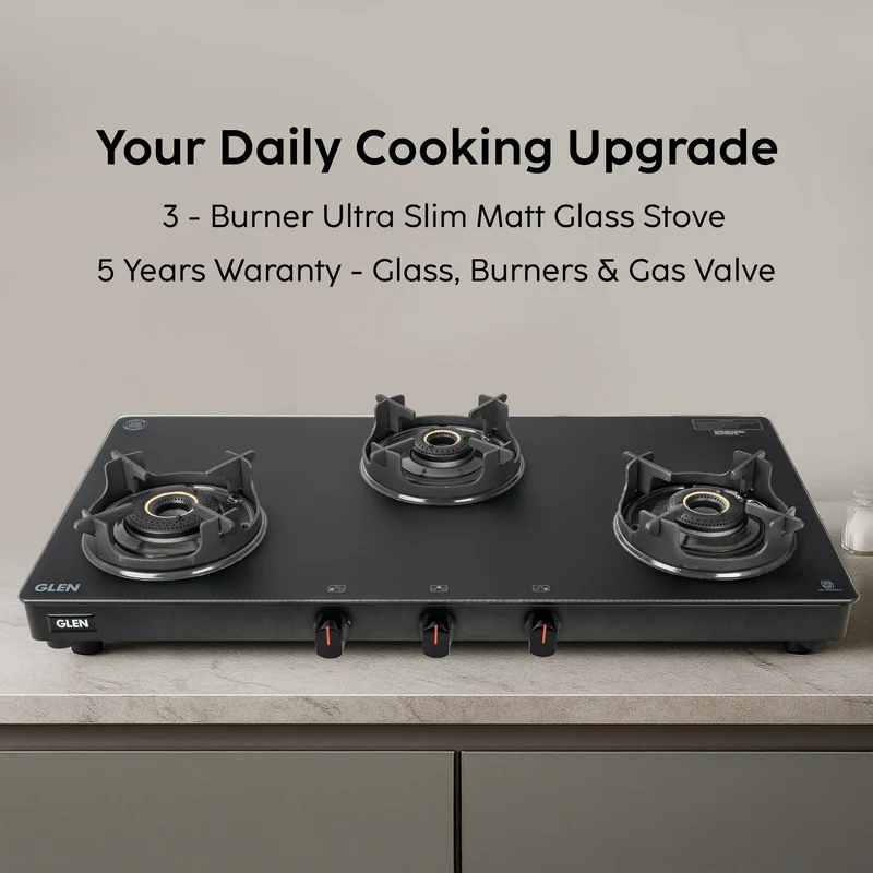 Glen3 Burner Matt Finish Glass Gas Stove with High Flame Brass Burner, Crown Pan Supports - Manual/Auto Ignition (CT1038SLCPBLMG) - Image