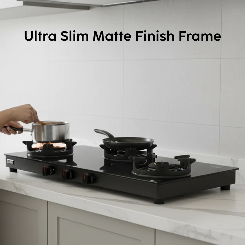 Glen3 Burner Matt Finish Glass Gas Stove with High Flame Brass Burner, Crown Pan Supports - Manual/Auto Ignition (CT1038SLCPBLMG) - Image