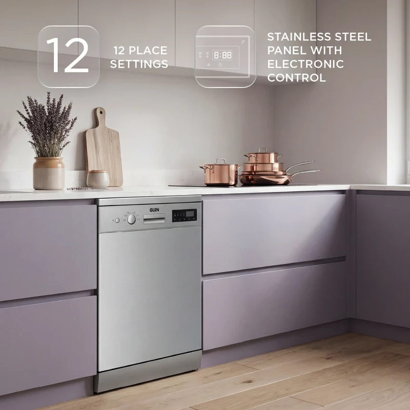 Glen Free Standing Dishwasher 12 Place Setting SS Panel Electronic Controls (DW-5201FS) - Image