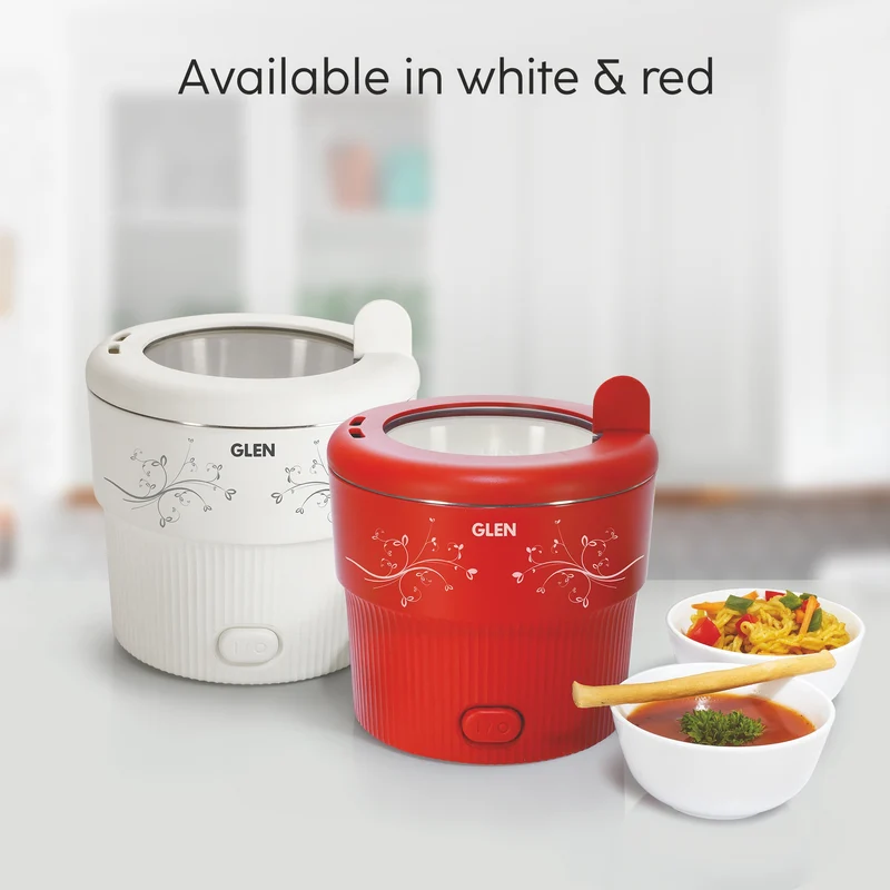 Glen Electric Mini Cooker, 0.8 Litre Steam, Cook & Boil 500W- White and Red (3054) - Image