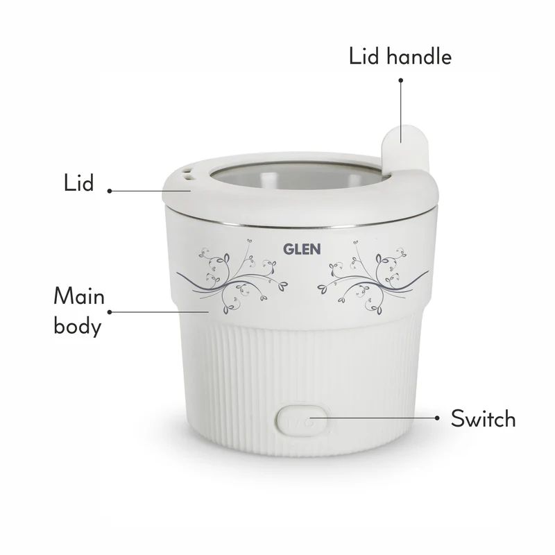 Glen Electric Mini Cooker, 0.8 Litre Steam, Cook & Boil 500W- White and Red (3054) - Image