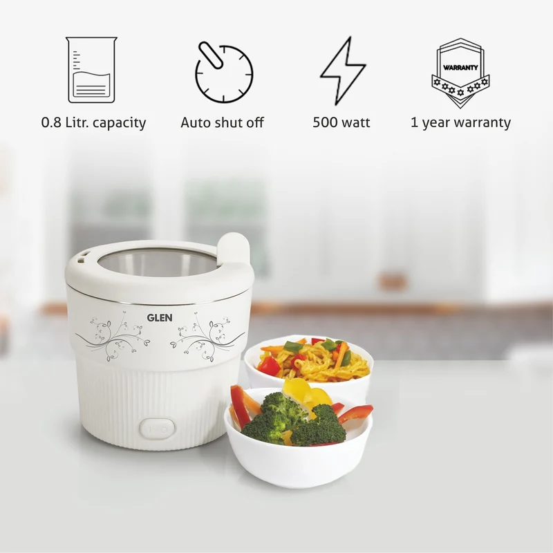 Glen Electric Mini Cooker, 0.8 Litre Steam, Cook & Boil 500W- White and Red (3054) - Image