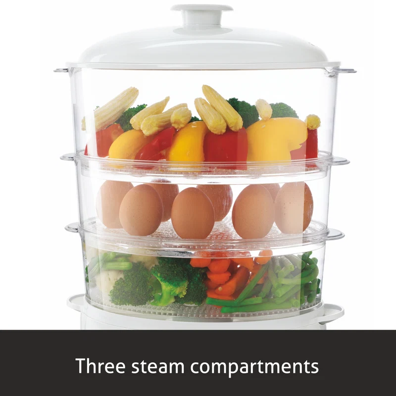 Glen Electric Food Steamer 900w with 60 minute Timer, 3 Food Grade Containers - white (3052) - Image