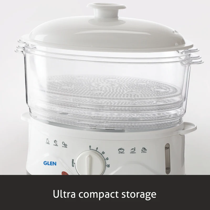 Glen Electric Food Steamer 900w with 60 minute Timer, 3 Food Grade Containers - white (3052) - Image