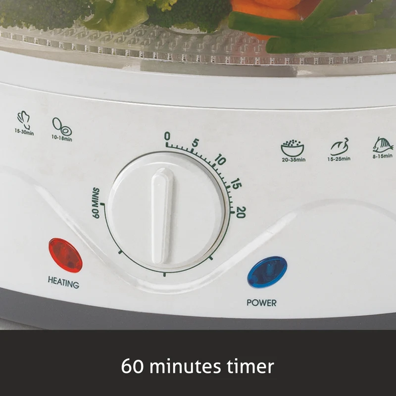 Glen Electric Food Steamer 900w with 60 minute Timer, 3 Food Grade Containers - white (3052) - Image