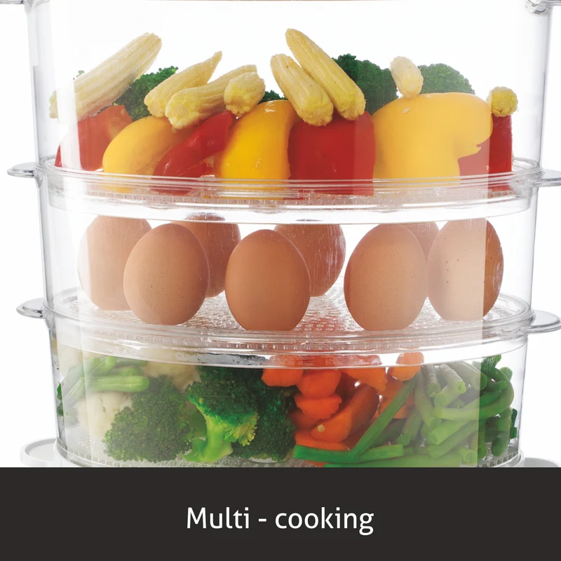 Glen Electric Food Steamer 900w with 60 minute Timer, 3 Food Grade Containers - white (3052) - Image
