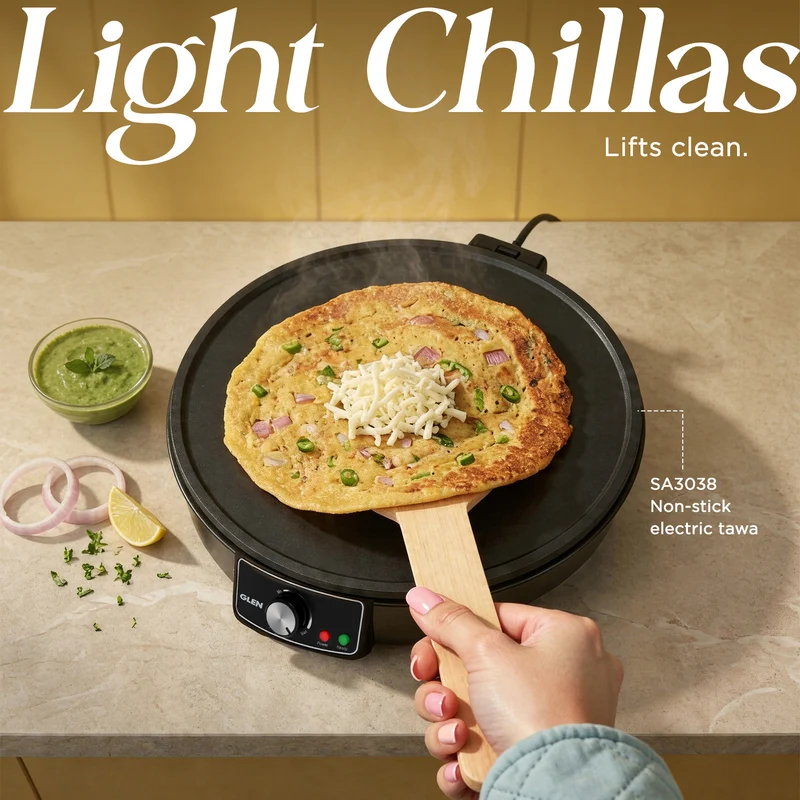 Glen Electric Tawa for Dosa, Chilla 30cm Non-Stick Cooking Plate, Temperature Control - Black (SA3038) - Image