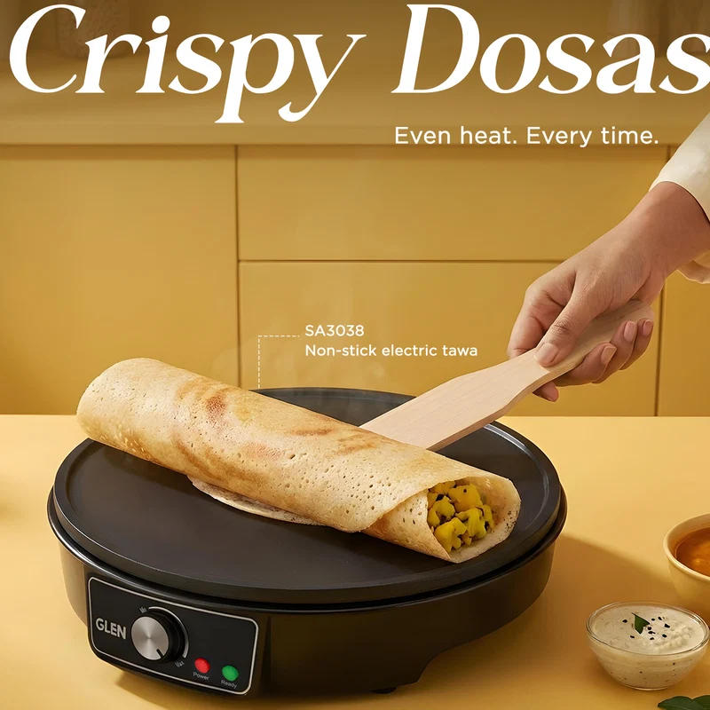 Glen Electric Tawa for Dosa, Chilla 30cm Non-Stick Cooking Plate, Temperature Control - Black (SA3038) - Image
