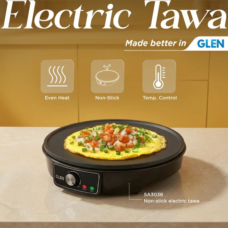 Glen Electric Tawa for Dosa, Chilla 30cm Non-Stick Cooking Plate, Temperature Control - Black (SA3038) - Image