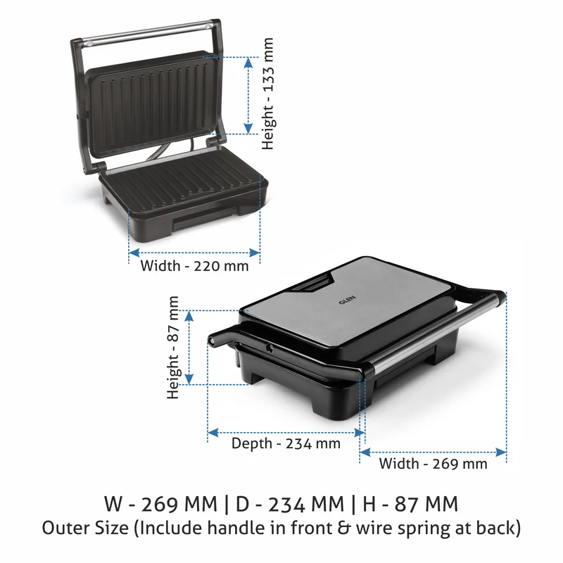 Glen Press Grill with Non-stick Plates Oil Collector Tray 850W Power -(3029GRILL) - Image