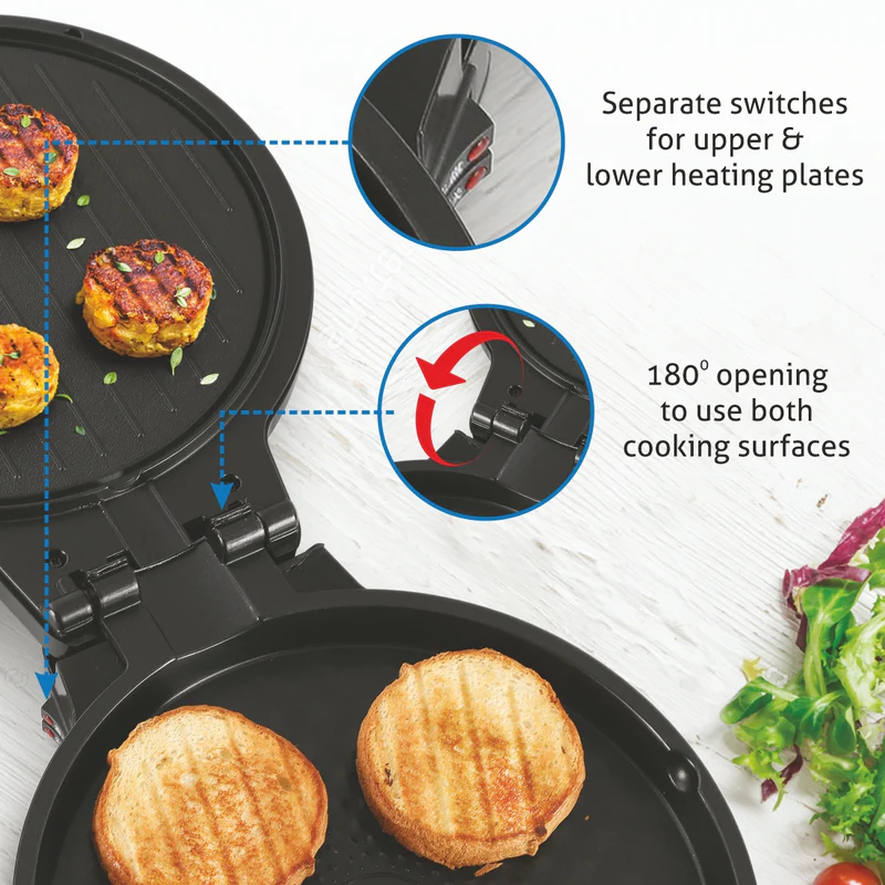 Glen Electric Pizza Grill and Crepe Maker with 180-Degree Opening, Non-Stick Coating, 1200w (3033 PG) - Image