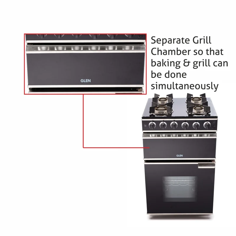 Glen Cooking Range Glass Gas Grill, Gas Oven Rotiseerie Double Ring Forged Brass Burners Auto Ignition (2014DBAI) - Image
