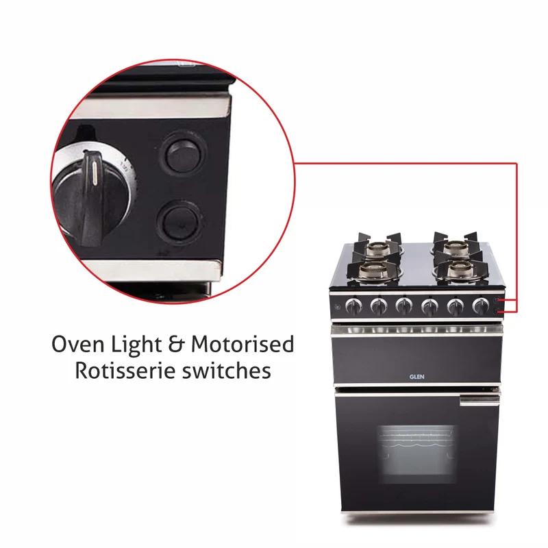 Glen Cooking Range Glass Gas Grill, Gas Oven Rotiseerie Double Ring Forged Brass Burners Auto Ignition (2014DBAI) - Image
