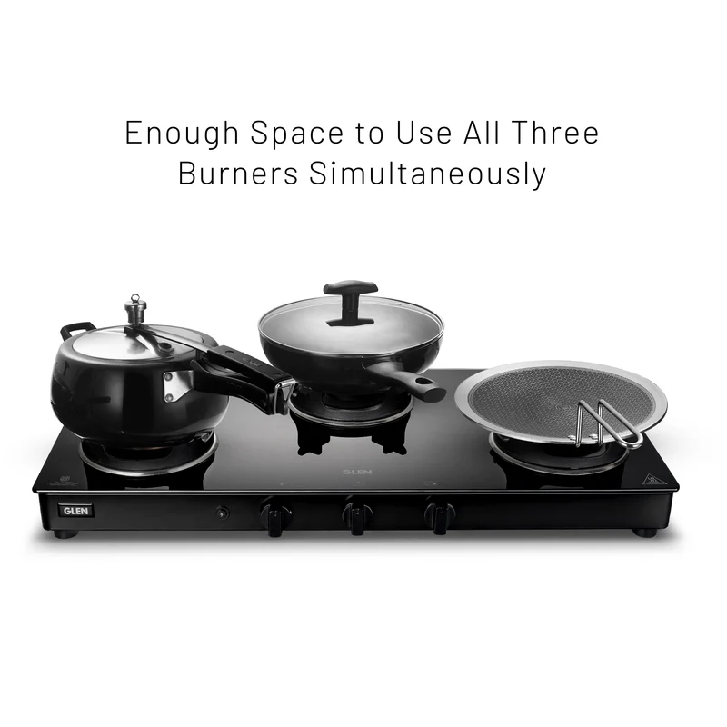 Glen 3 Burner Glass Gas Stove with High Flame Brass Burner and Crown Pan Supports (CT1038GTBBBLHFCP) - Manual/Auto Ignition - Image