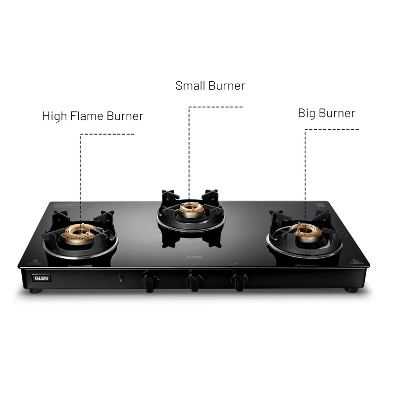 Glen 3 Burner Glass Gas Stove with High Flame Brass Burner and Crown Pan Supports (CT1038GTBBBLHFCP) - Manual/Auto Ignition - Image