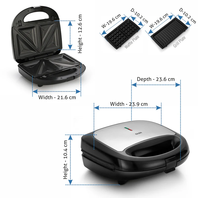 Glen Electric Multi Snack Maker with 3 sets of Sandwich, Grill & Waffle Non-Stick Plates, 750w - Black (3022 MSM) - Image