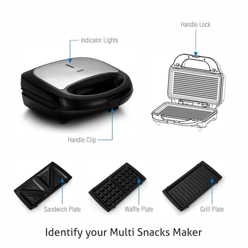 Glen Electric Multi Snack Maker with 3 sets of Sandwich, Grill & Waffle Non-Stick Plates, 750w - Black (3022 MSM) - Image